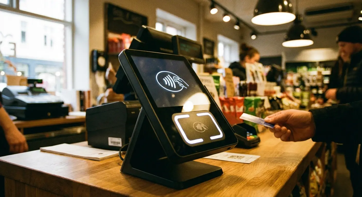 Contactless payment terminal at checkout counter