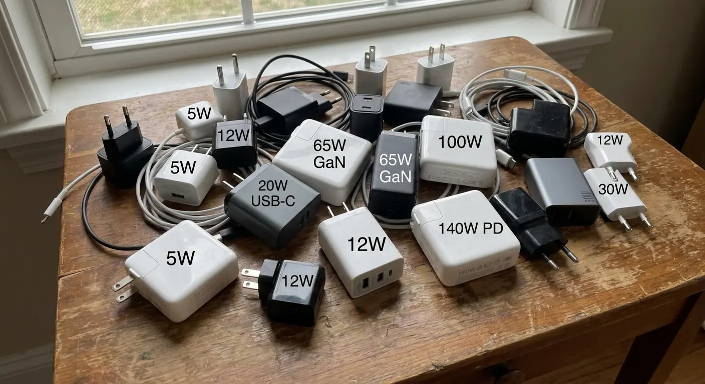 Phone charging adapters different wattages comparison