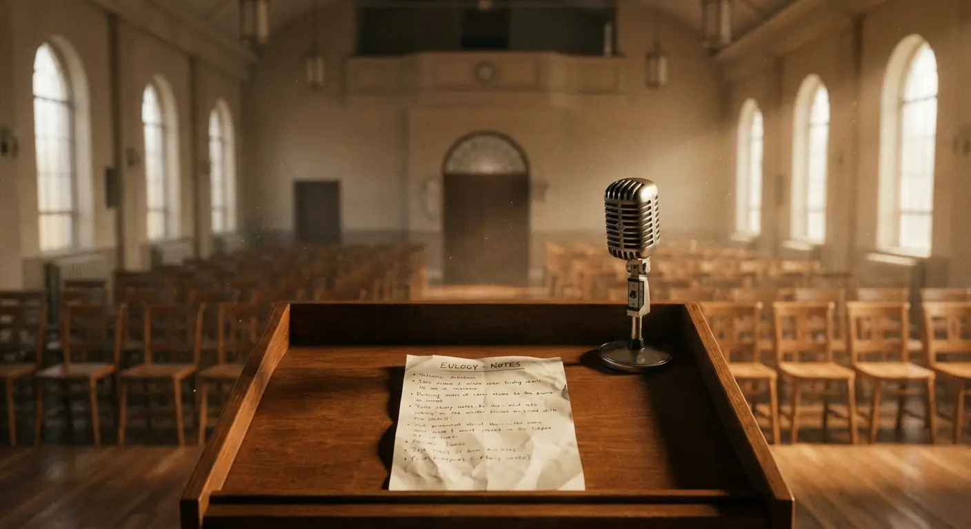 A person speaking at a podium delivering a eulogy