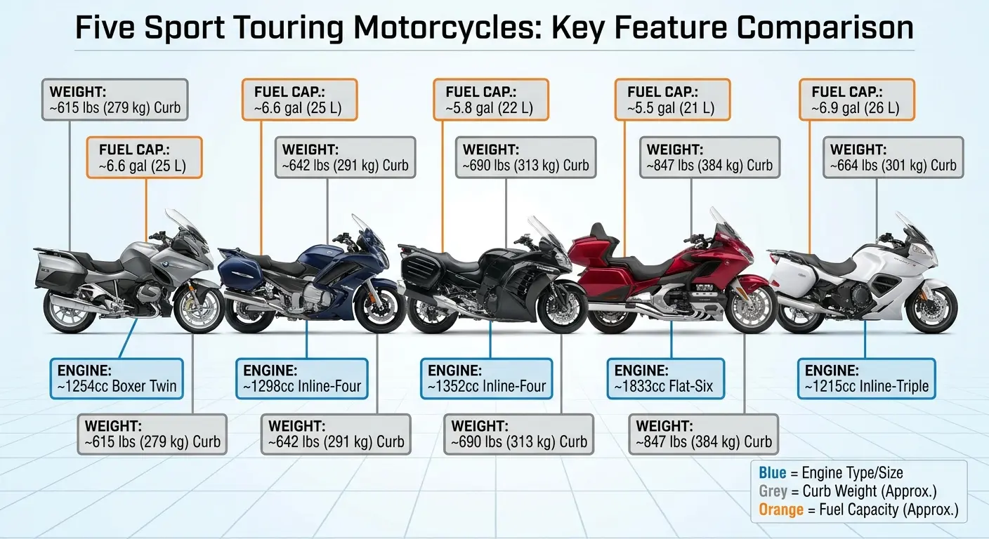 Full touring motorcycles parked at scenic overlook