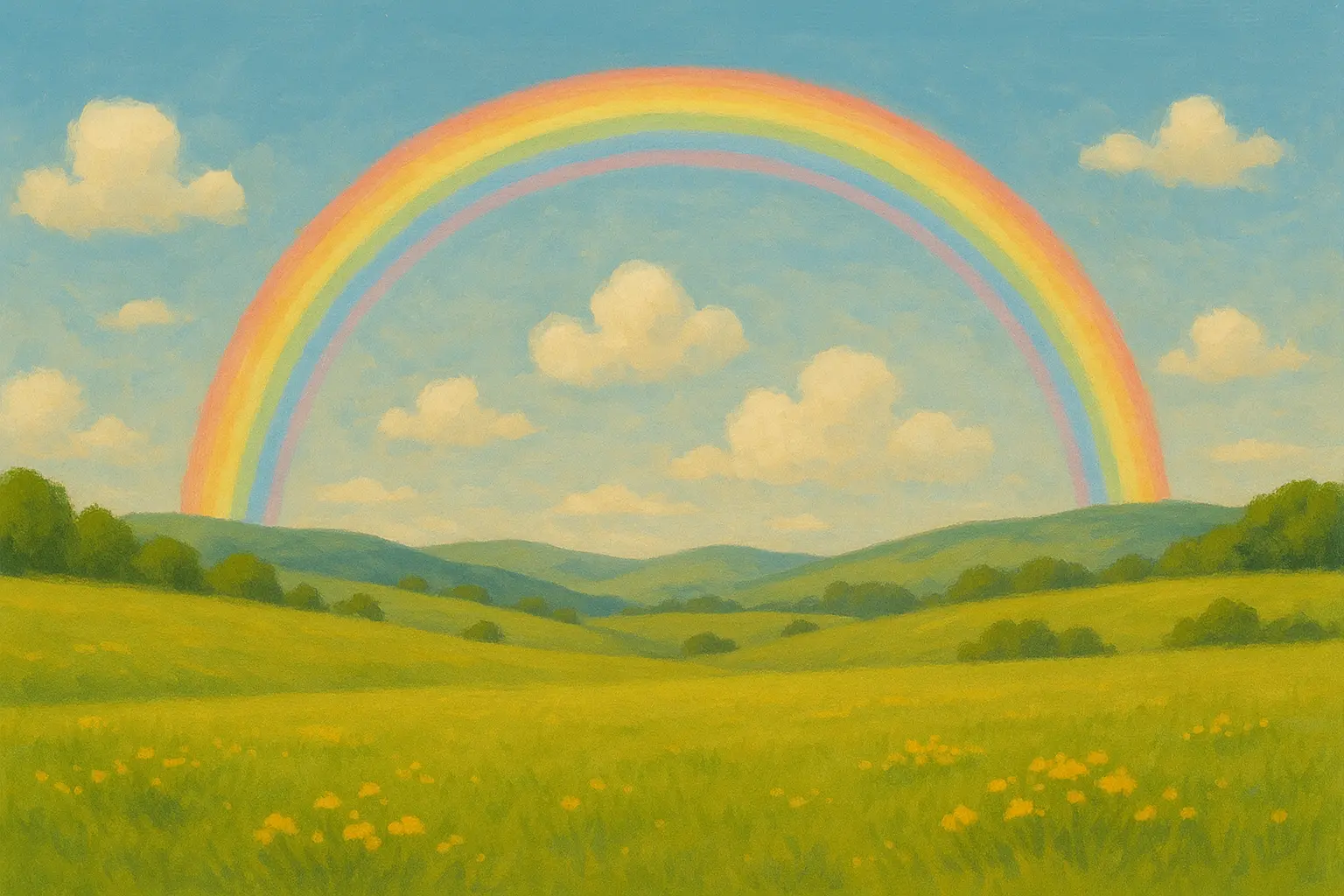 Rainbow bridge memorial scene with peaceful meadow