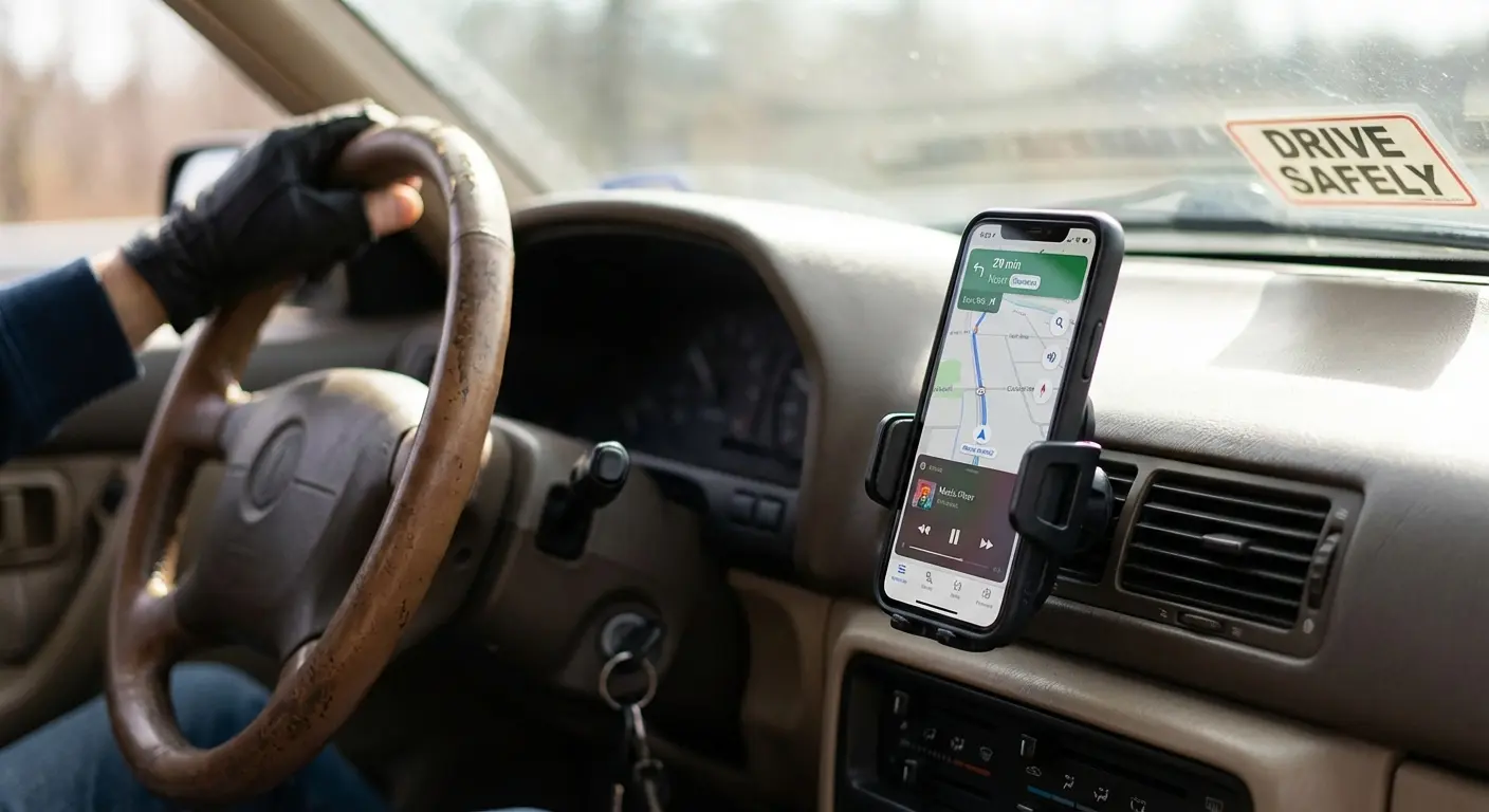 Phone magnetically mounted on car dashboard for safe music control