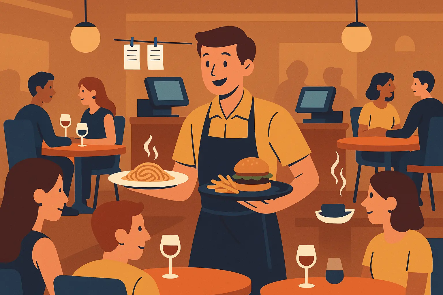 Busy restaurant server managing multiple tables during dinner rush