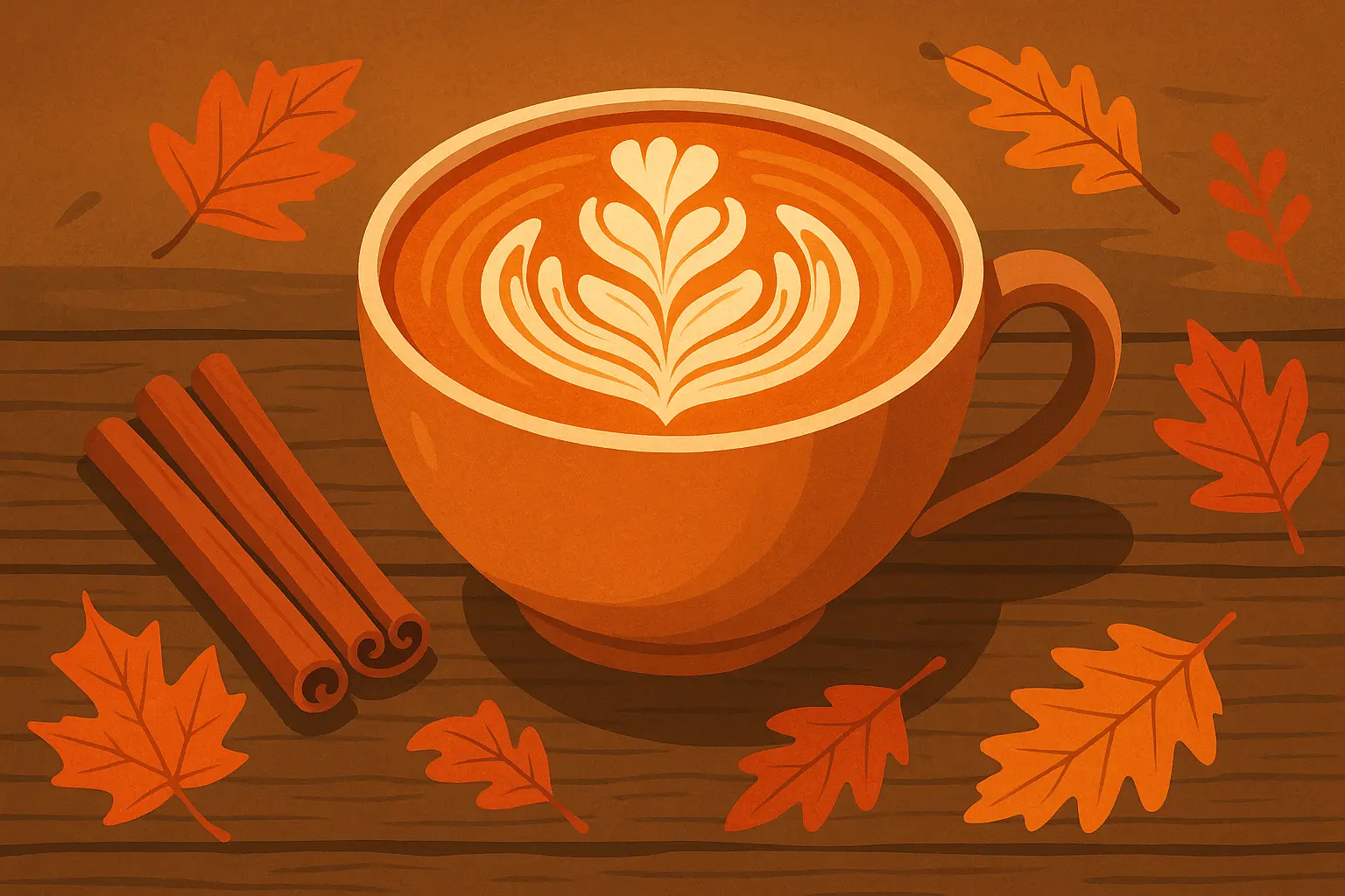 Pumpkin spice latte with autumn leaves