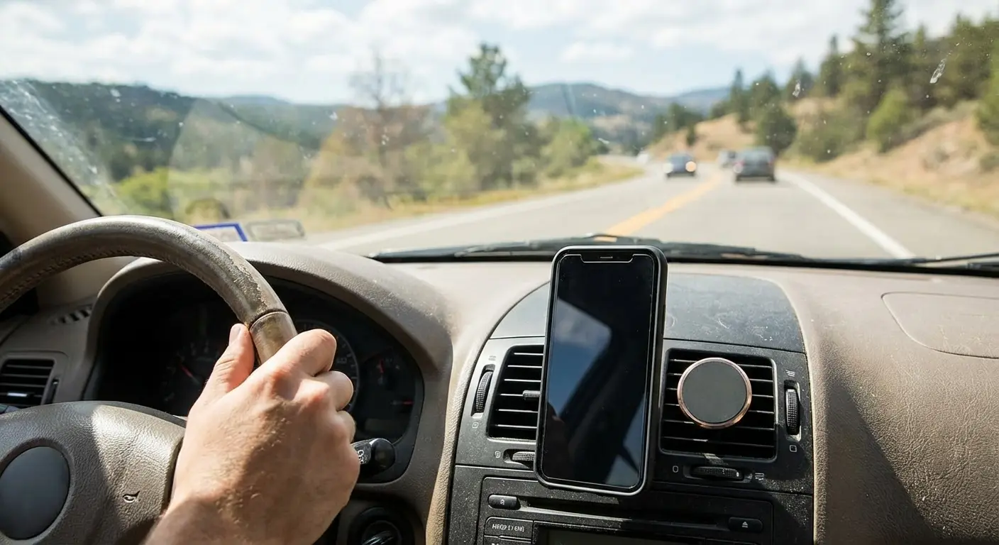 Rokform case mounted on car dashboard via magnet