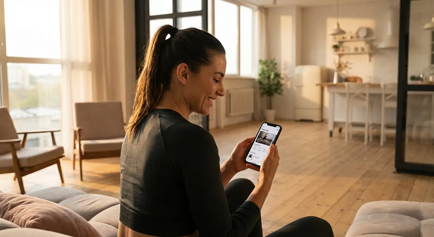 Woman using a fitness app on her phone while holding a dumbbell