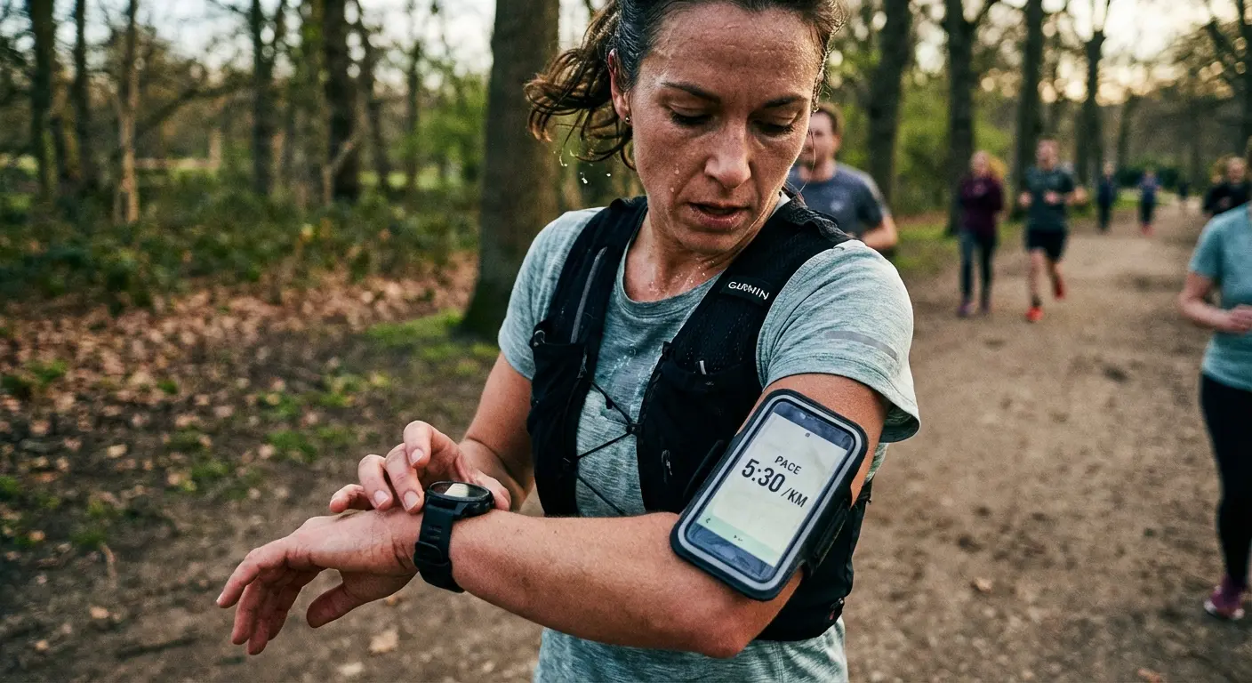 Woman running outdoors with phone in armband