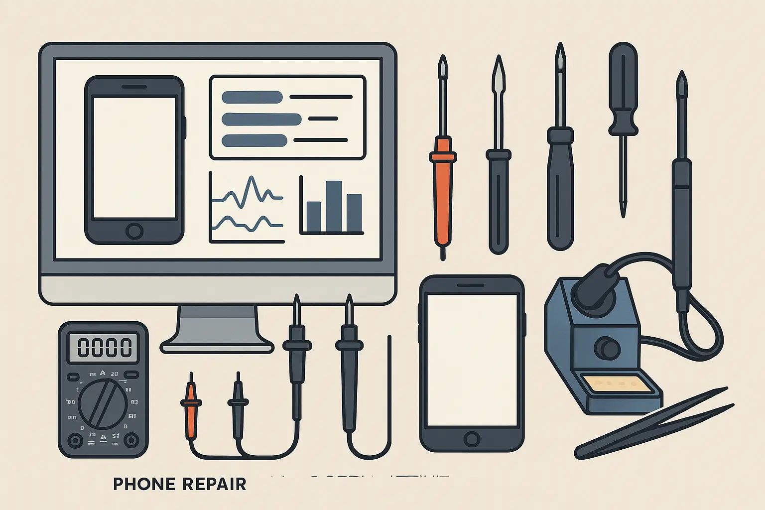 Professional technician examining phone with diagnostic tools