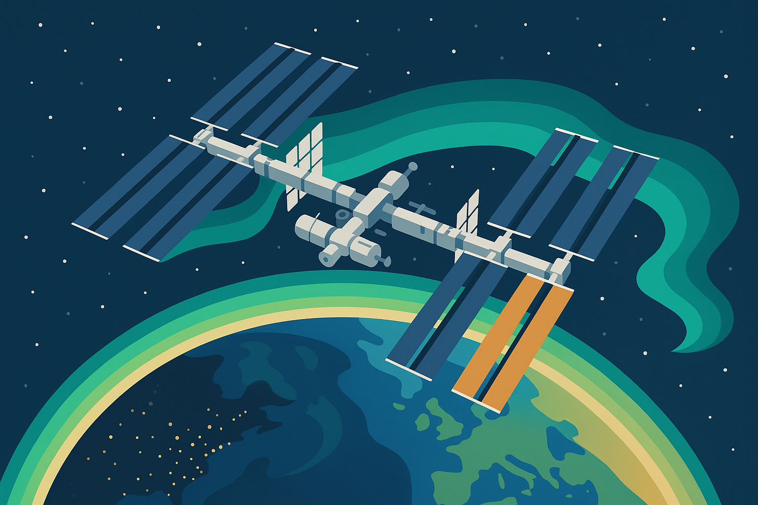 Space station orbiting Earth live wallpaper with aurora effects