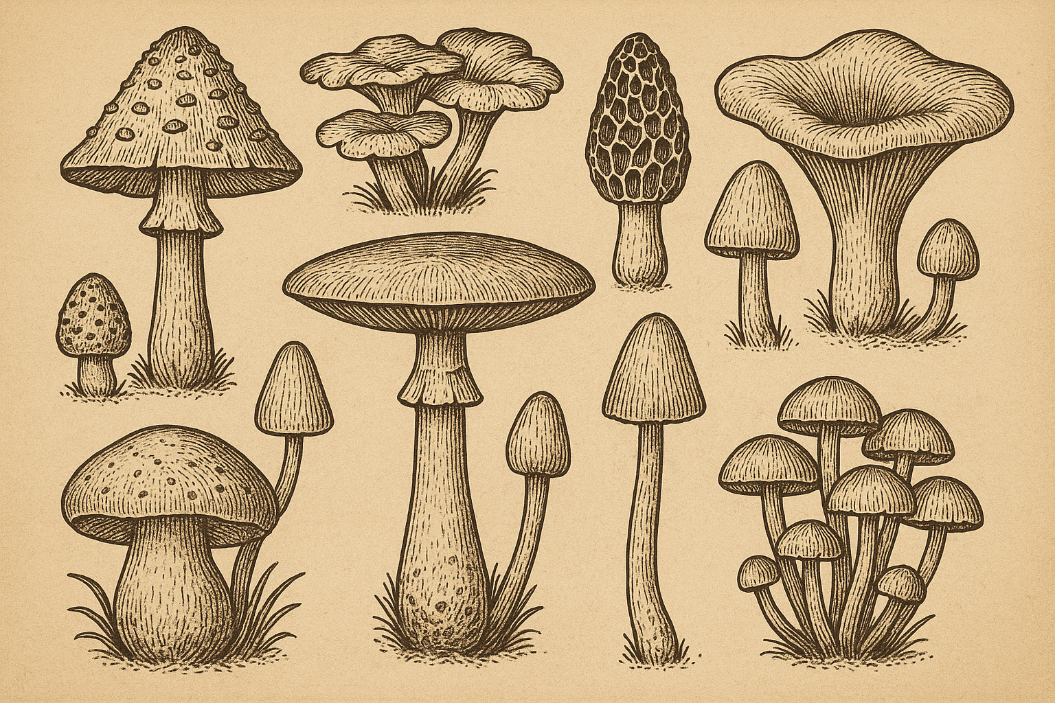Vintage botanical mushroom illustration with scientific details