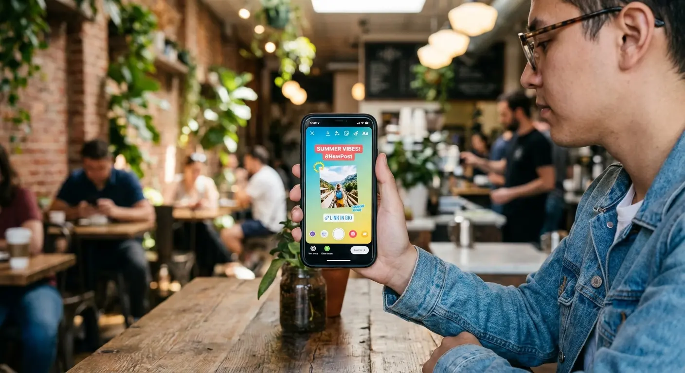 GoDaddy Studio interface showing text masking behind a subject