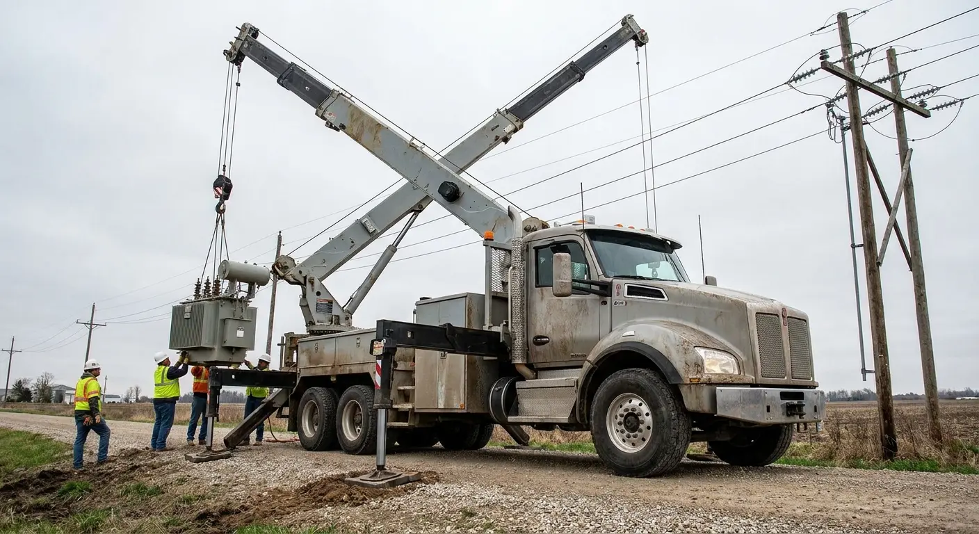 Boom truck at full extension with outriggers deployed to prevent tipping