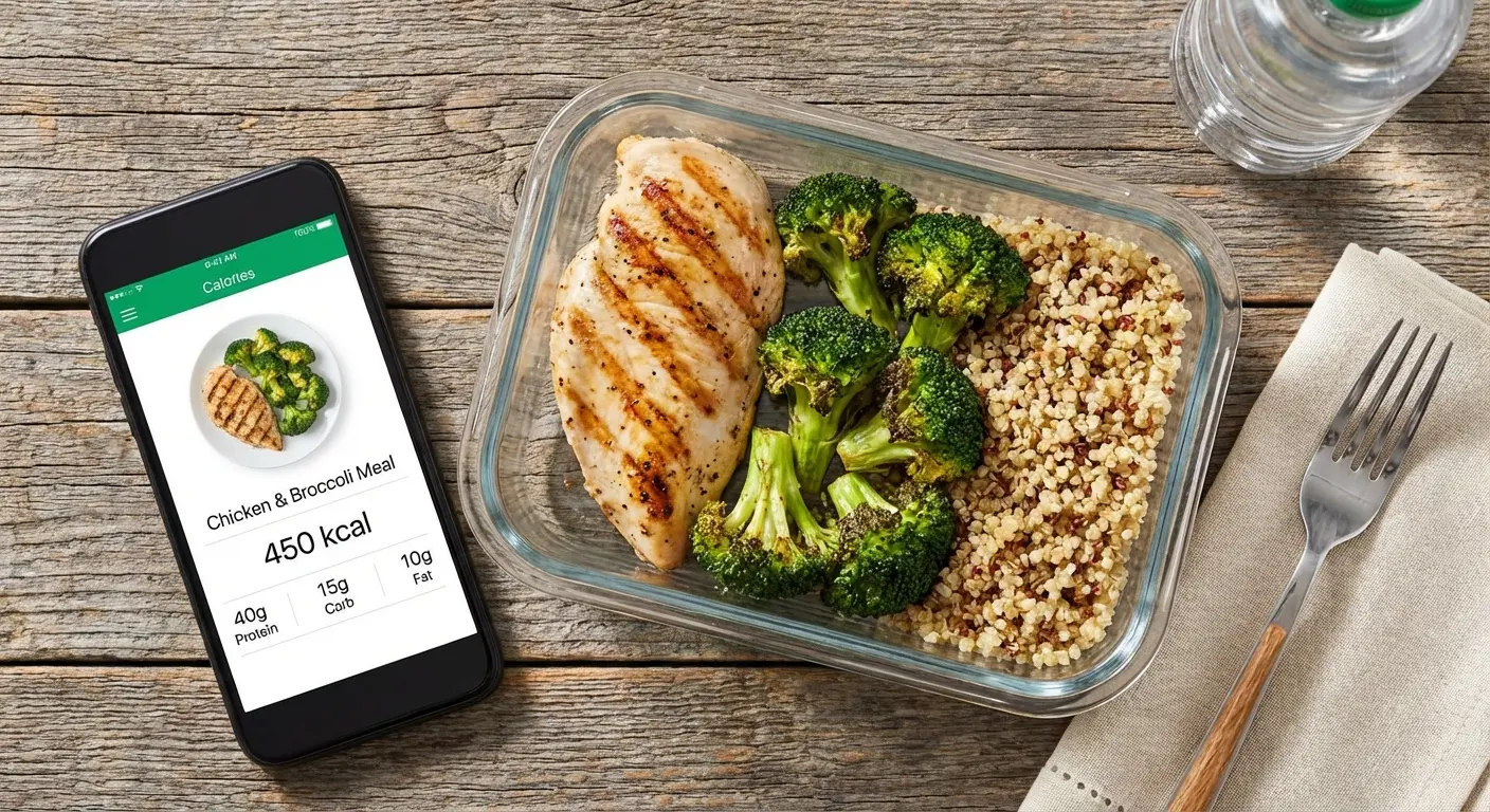 Healthy meal with smartphone displaying nutrition data