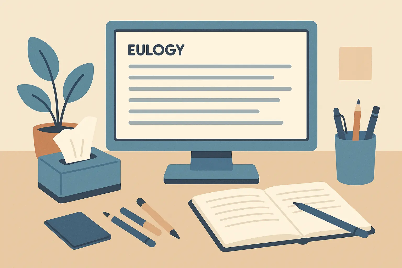 Person writing eulogy with supportive tools and family photos nearby