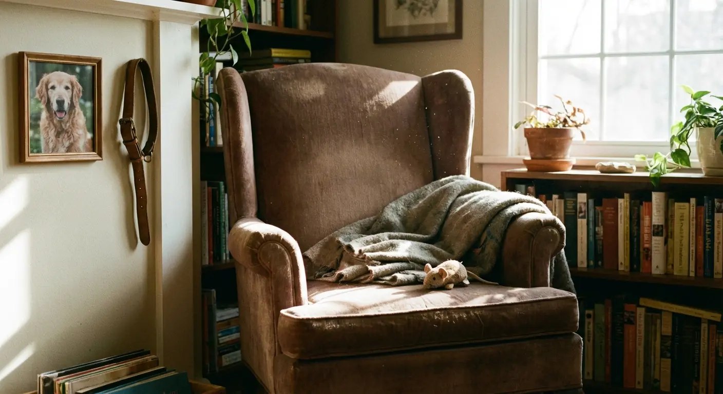 An empty cat bed in a quiet living room illustrating the silence and void