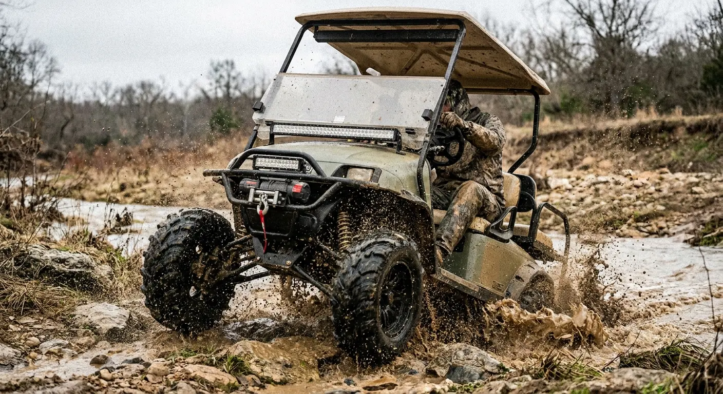 Off-road all-terrain golf cart on rough terrain