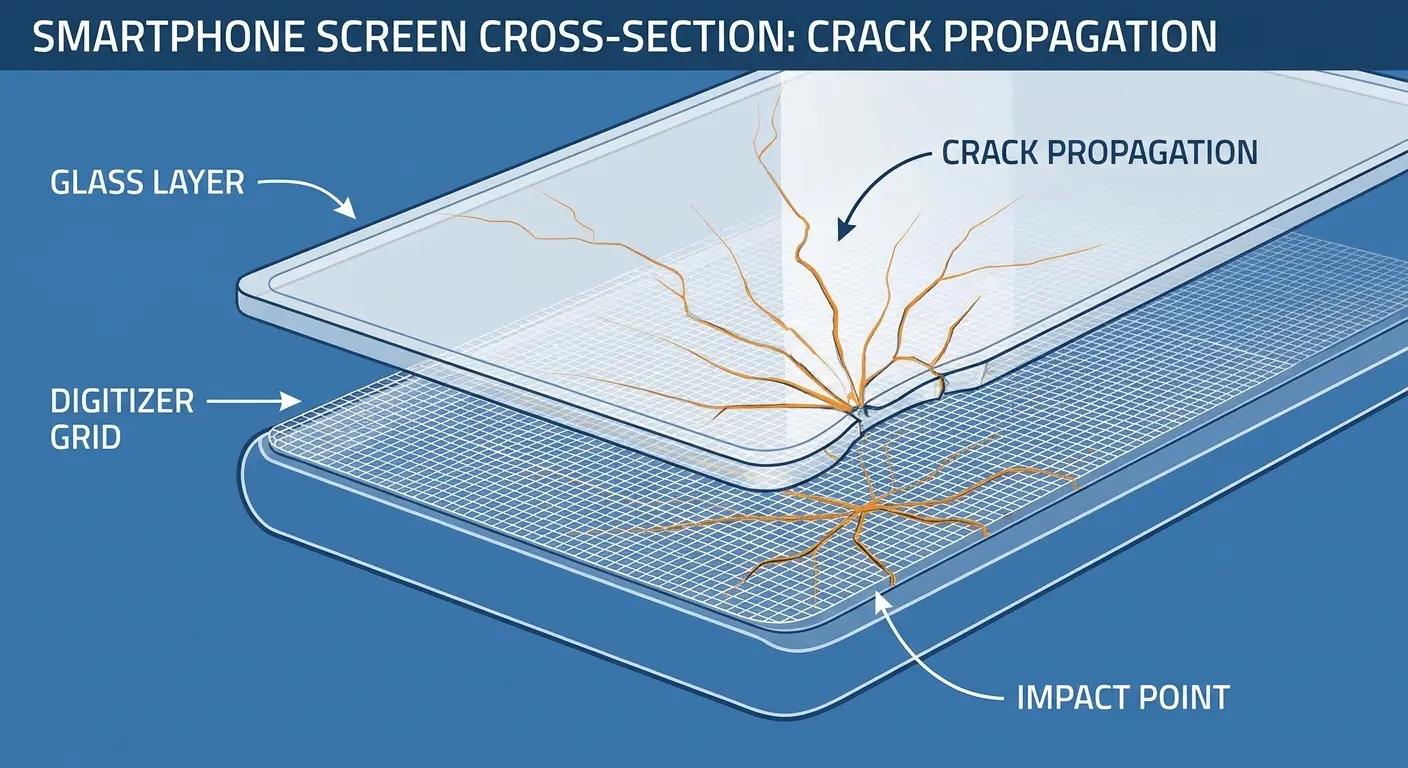 Digitizer layer showing damage from screen impact