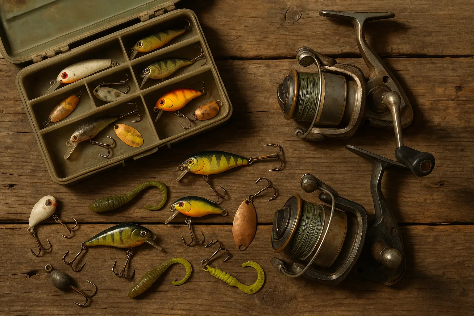 Fishing rod and tackle box representing balance of metaphor and reality