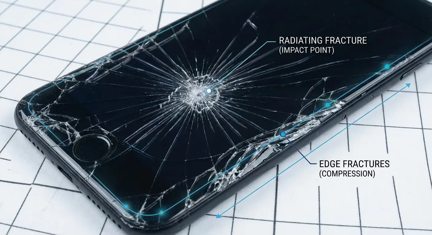 Screen protector showing edge crack pattern indicating installation stress