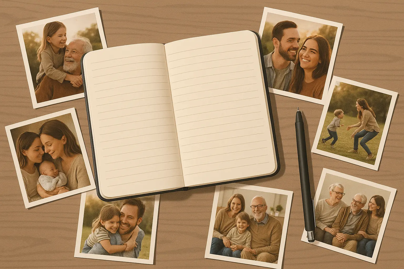 Man writing at desk with family photos
