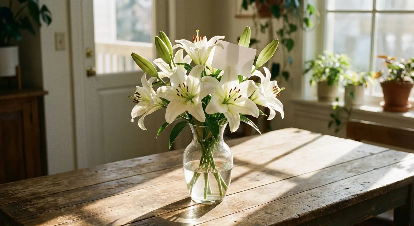 White lilies with a sympathy card