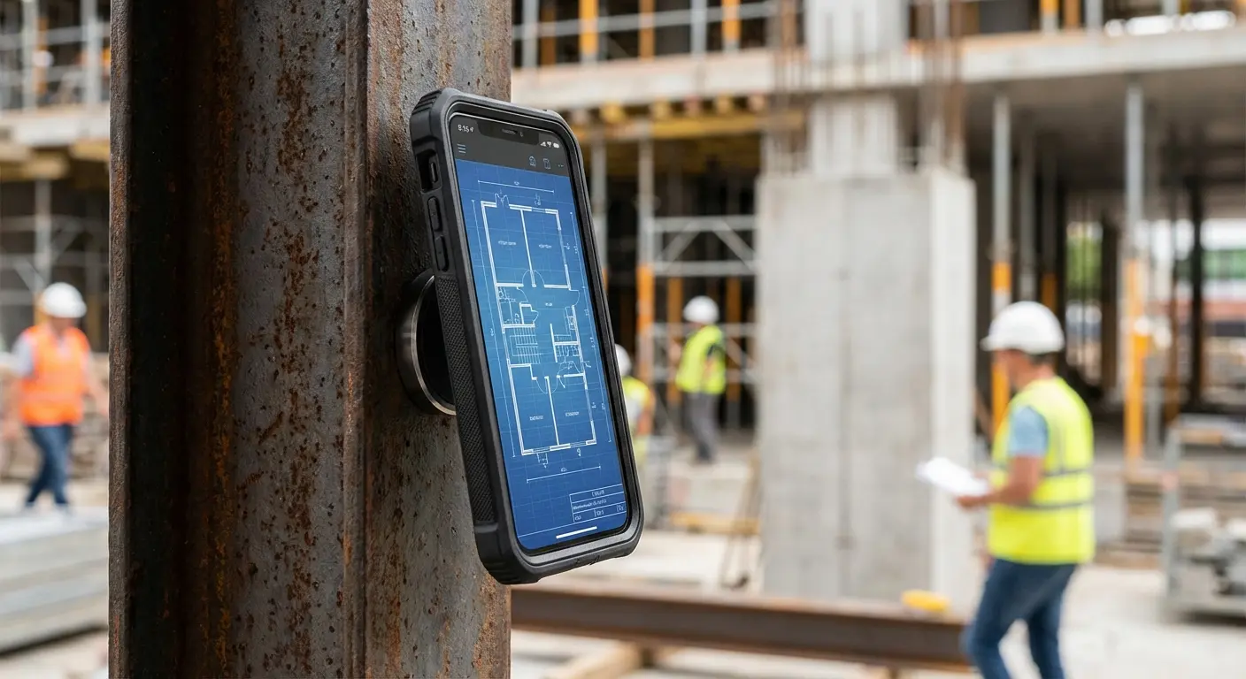 Rokform rugged phone case attached to a magnetic surface on a job site