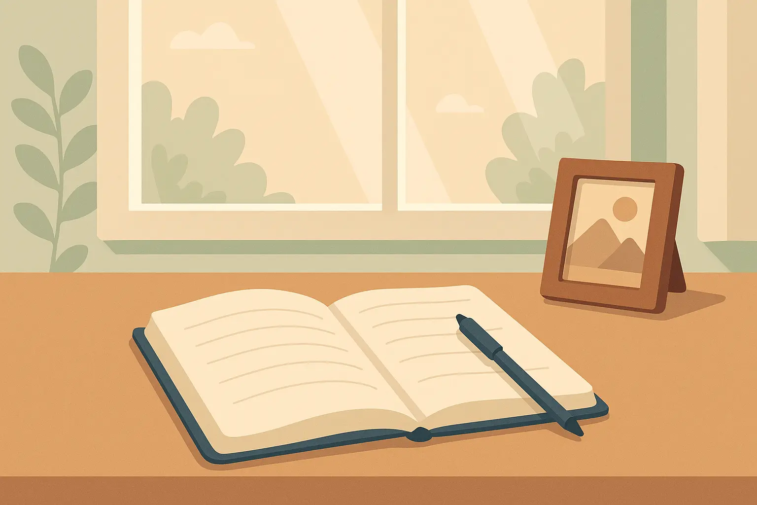 Woman writing eulogy for husband at desk with photos
