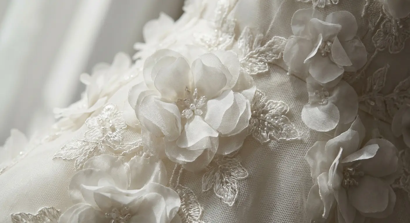 3D floral applique wedding dress detail