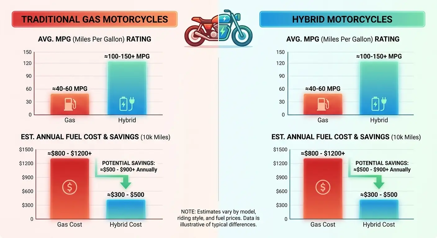 Commuter hybrid motorcycle in city traffic
