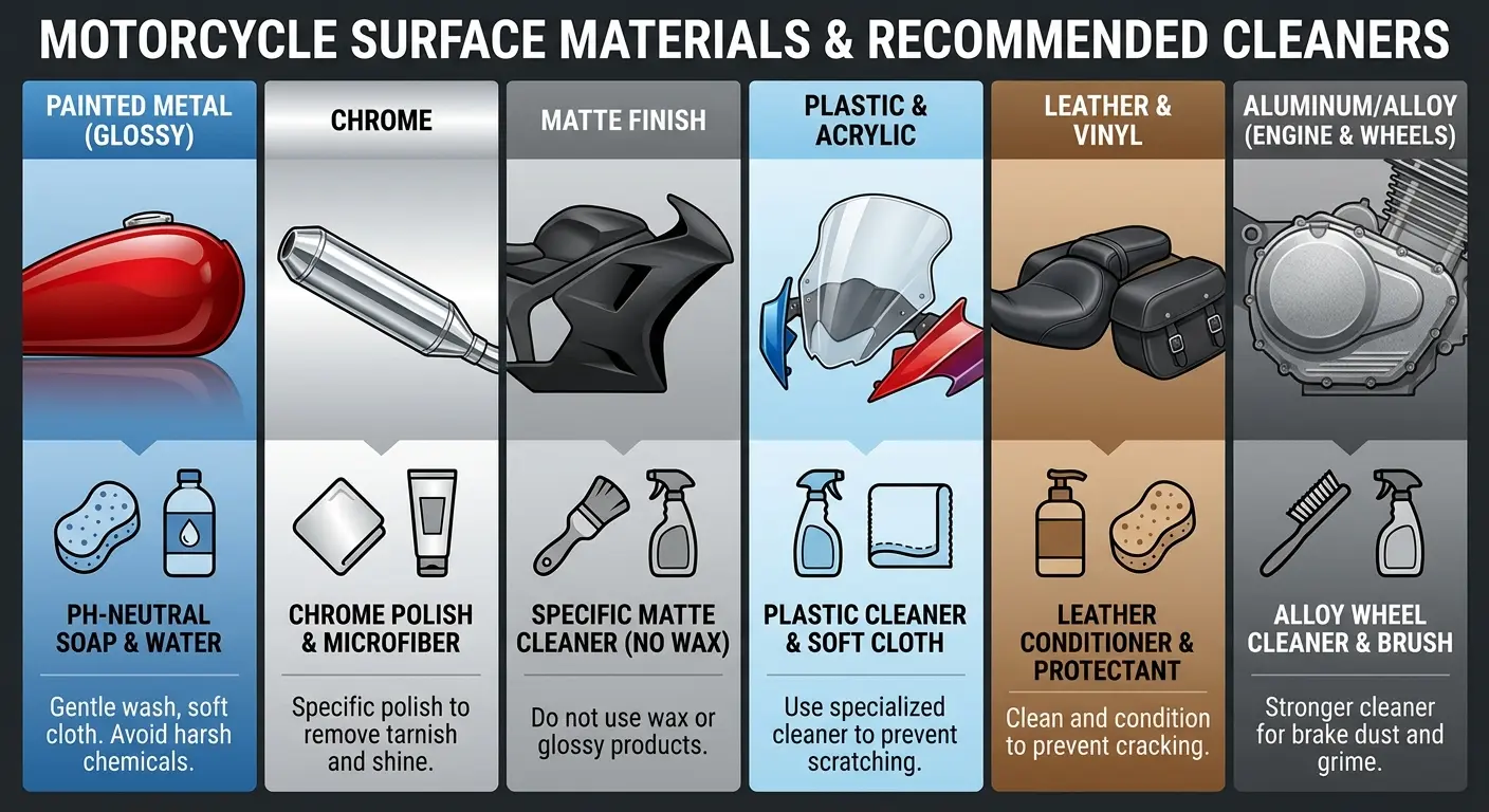 Different motorcycle cleaning products for various surfaces