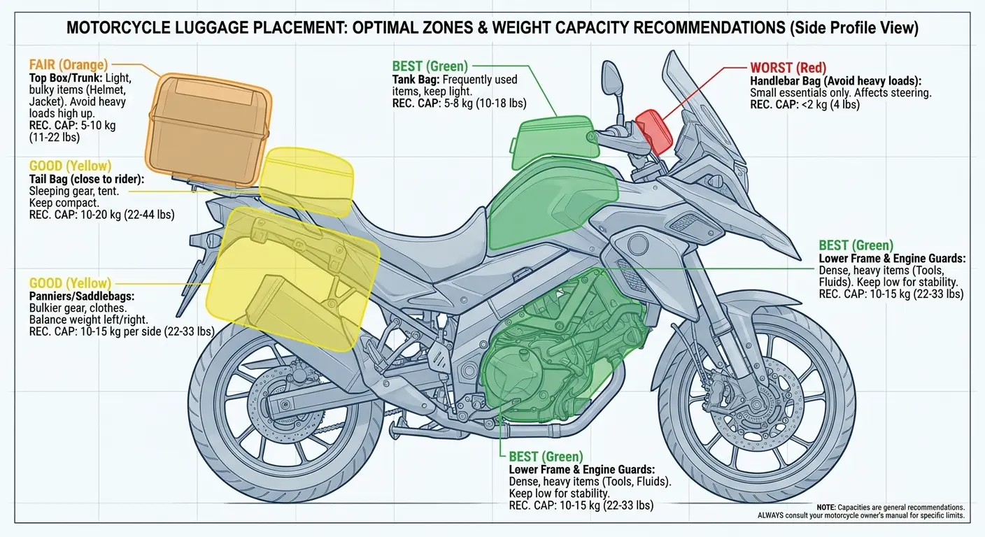 Motorcycle with properly distributed luggage