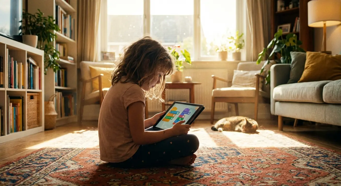 Child using a tablet to learn coding