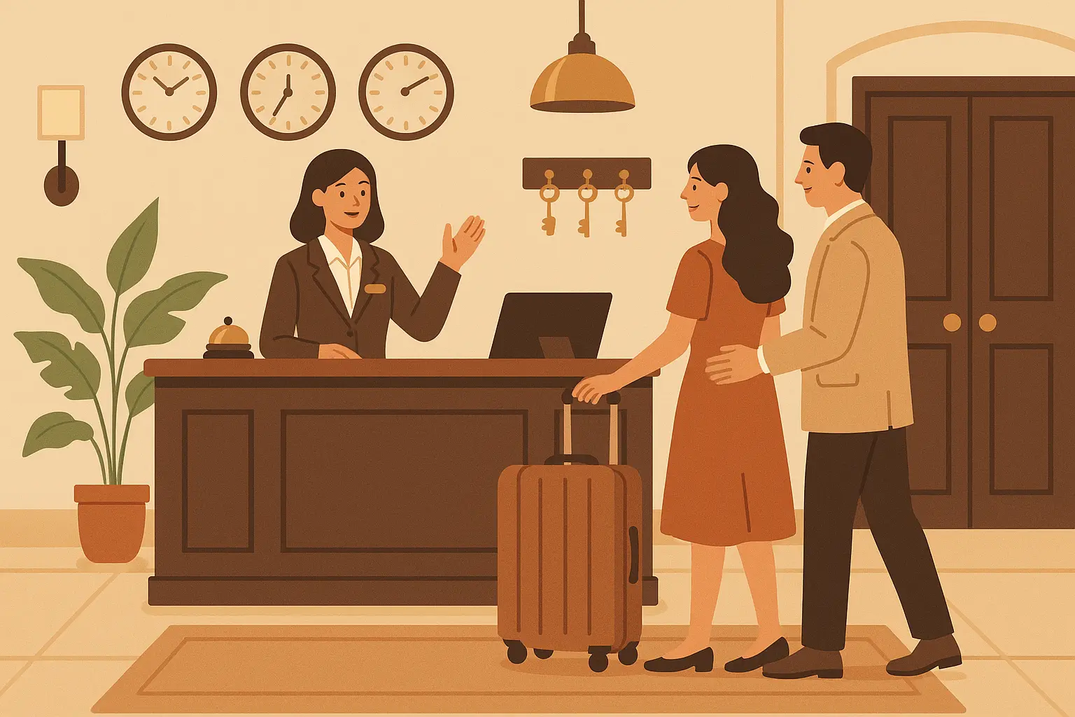 Hotel front desk receptionist serving guests