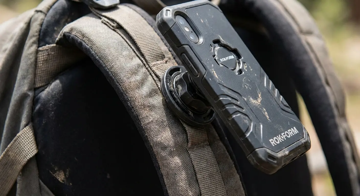 Rokform phone case attached to backpack strap