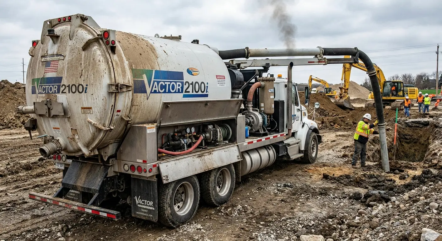 Industrial vacuum truck with large tank mid-job