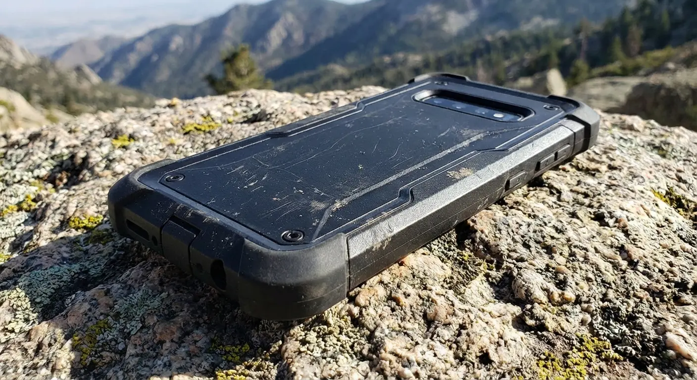 Rokform rugged phone case protecting device on a rock