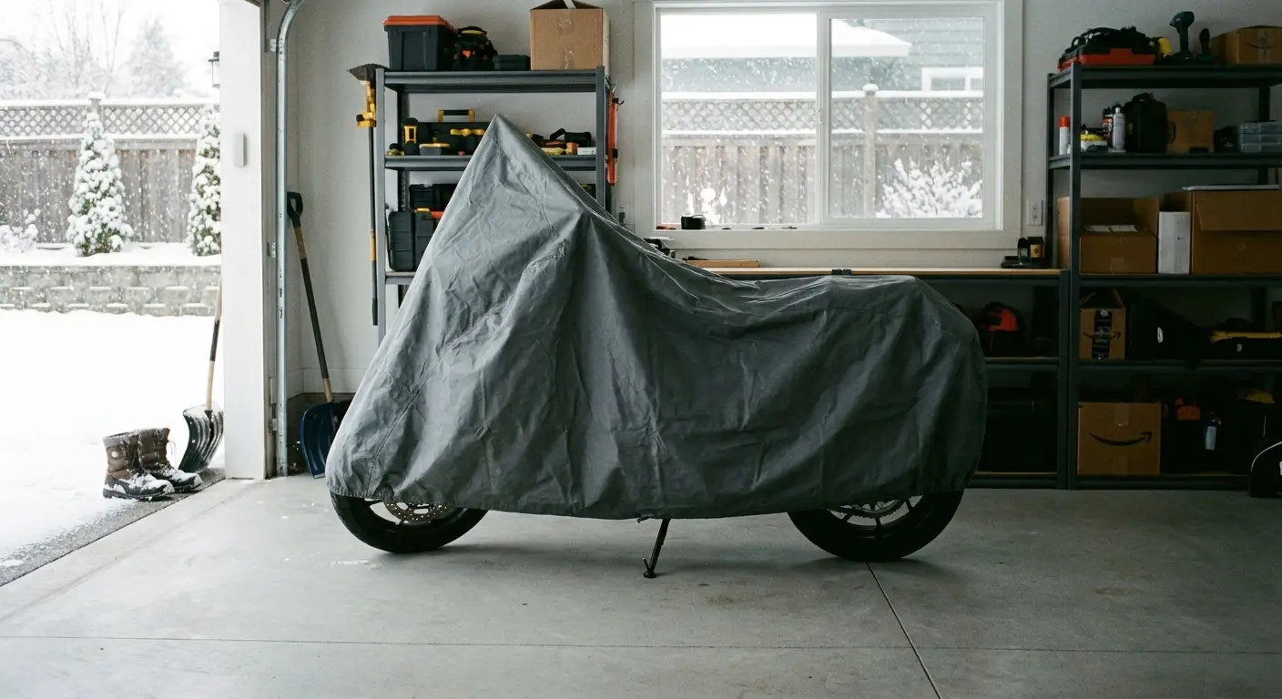 Motorcycle covered in winter storage facility