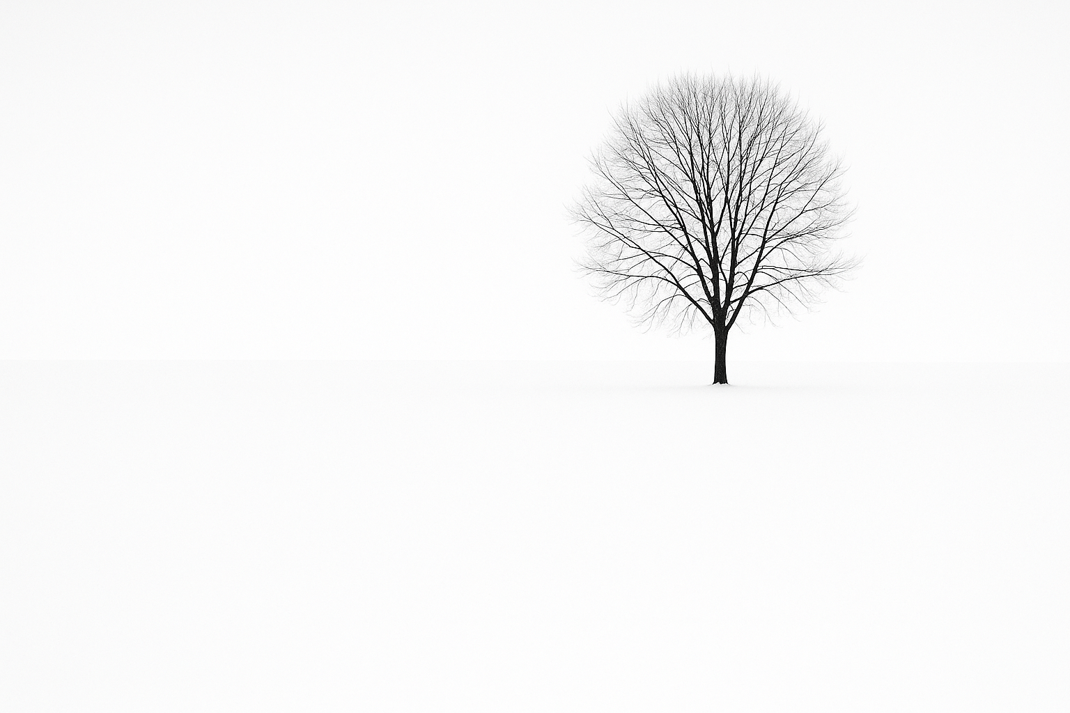 Single bare tree standing in expansive snowy field