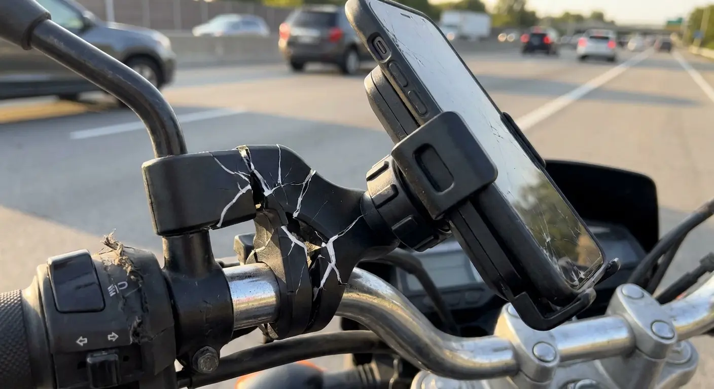 Various phone mount types on motorcycle handlebars
