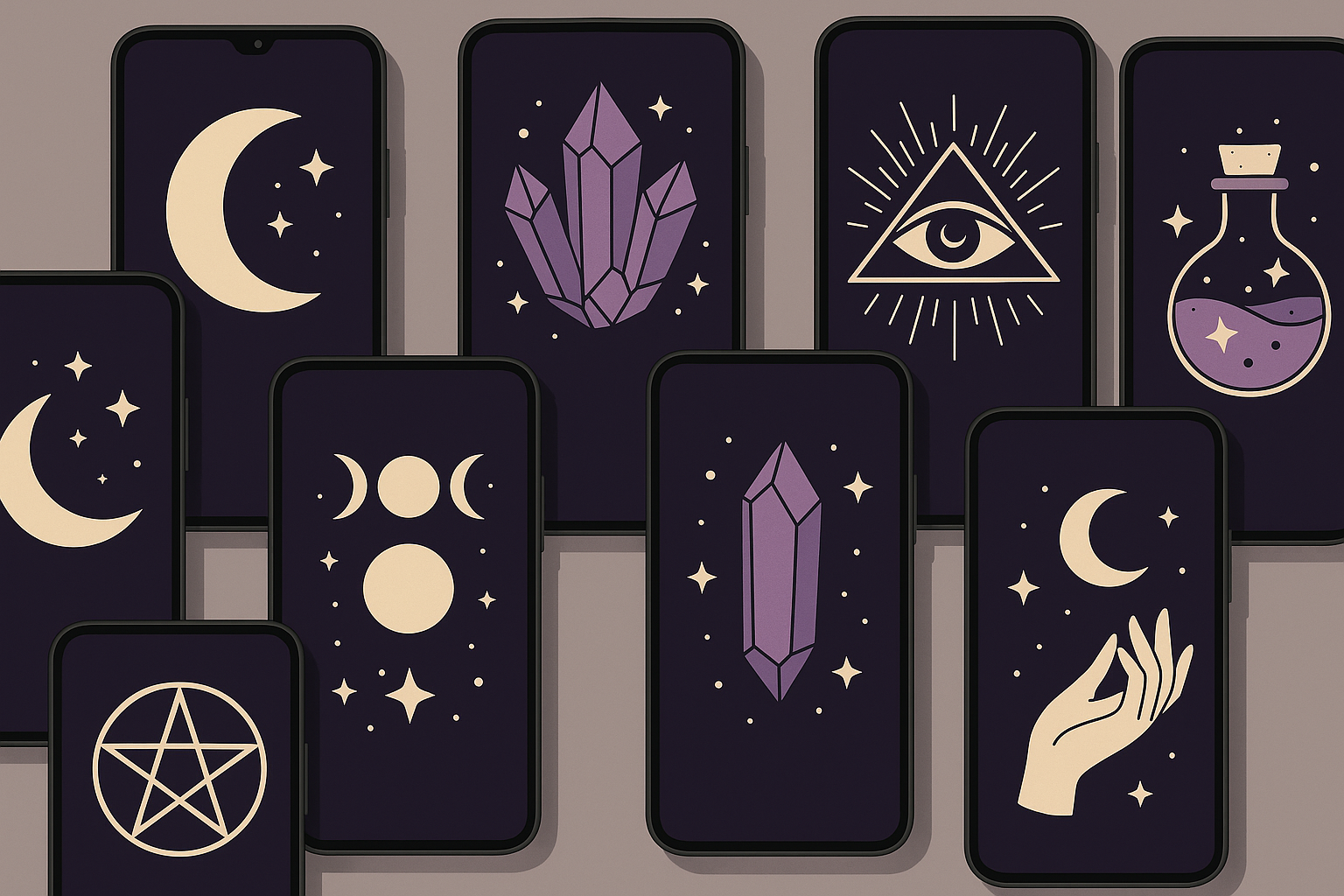 Collection of mystical witchy phone wallpapers displayed on multiple devices