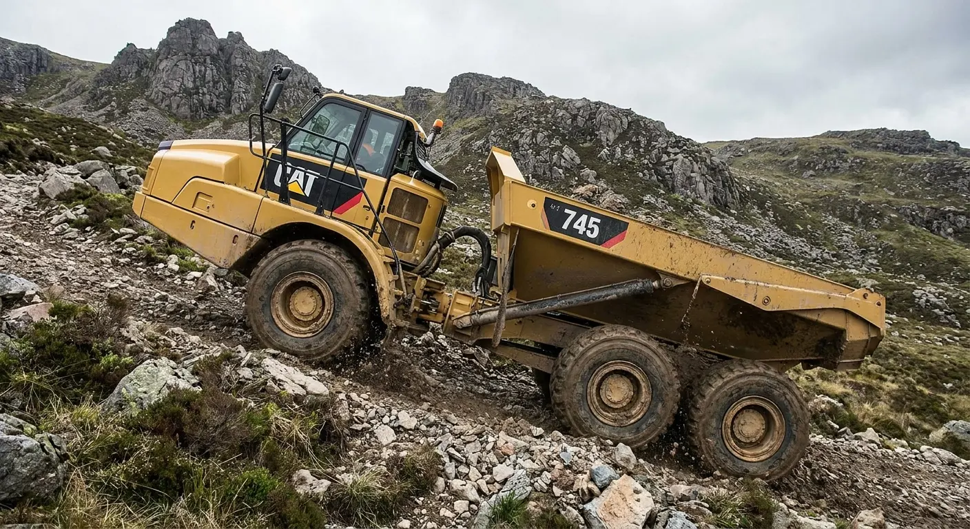 Articulated dump truck on construction site showing the pivot joint between cab and dump body
