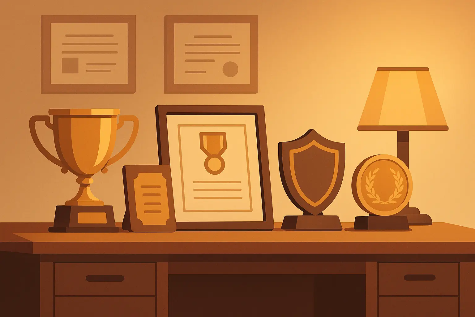 Professional office setting with achievement awards and certificates