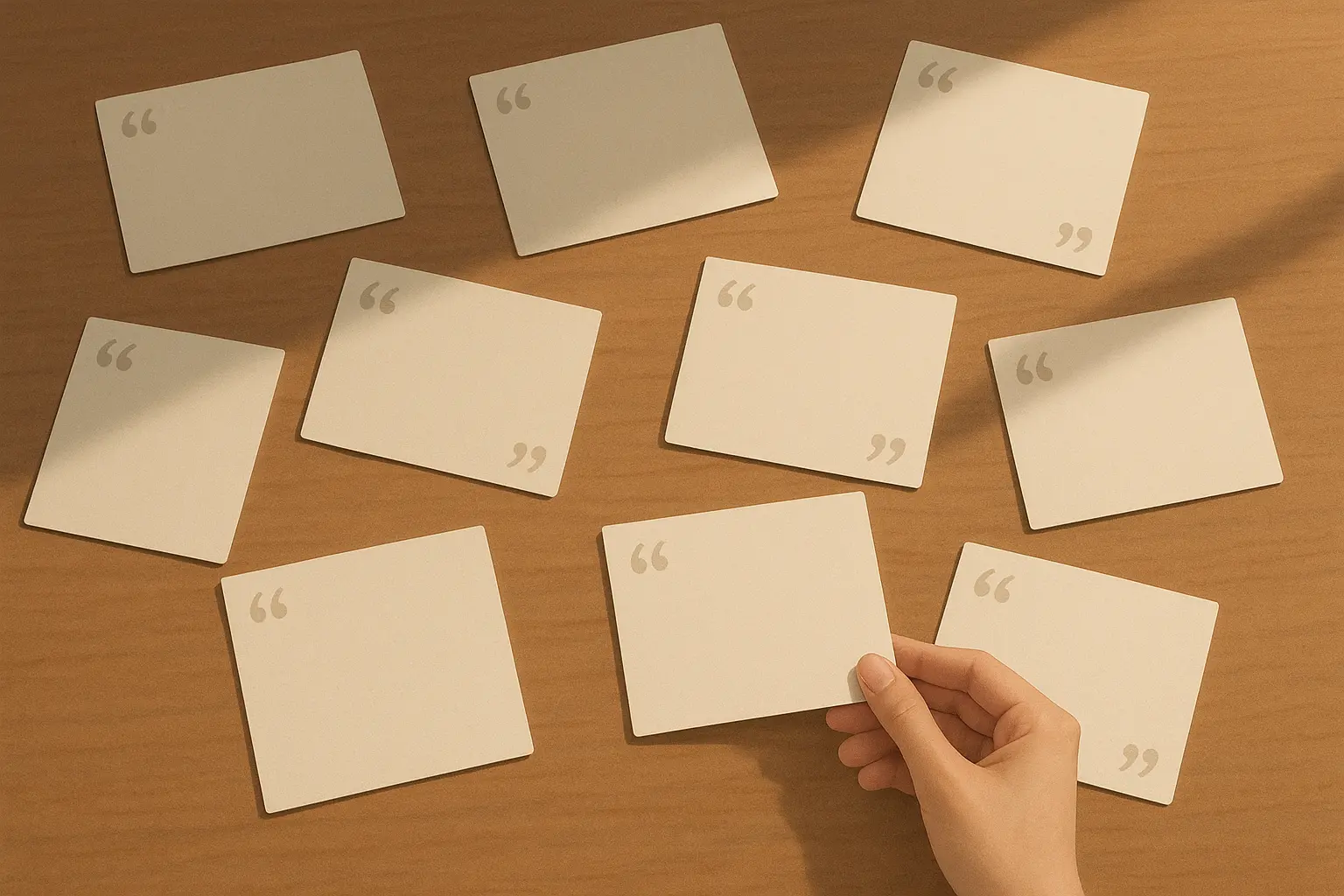 Person thoughtfully selecting quotes from collection