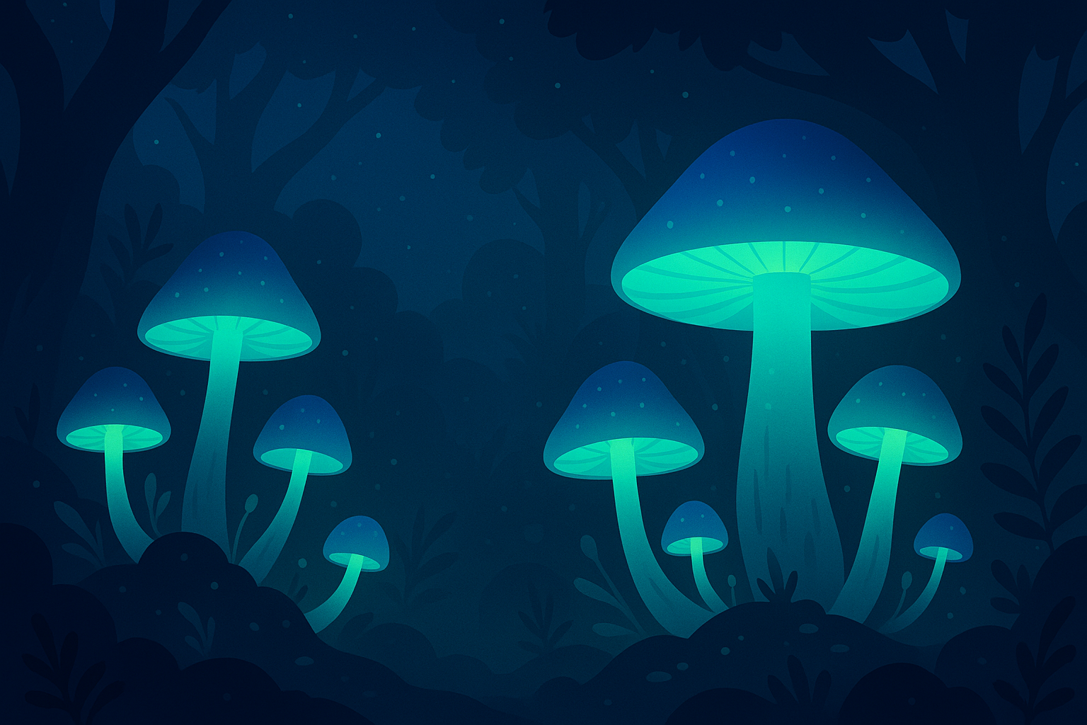 Bioluminescent mushroom forest with glowing blue and green fungi