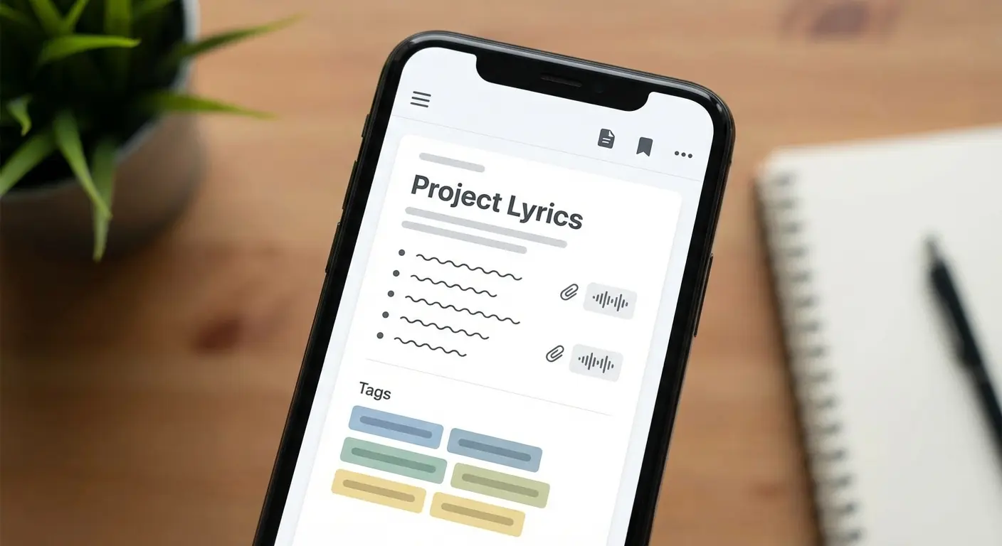 Evernote app organizing song lyrics and audio notes