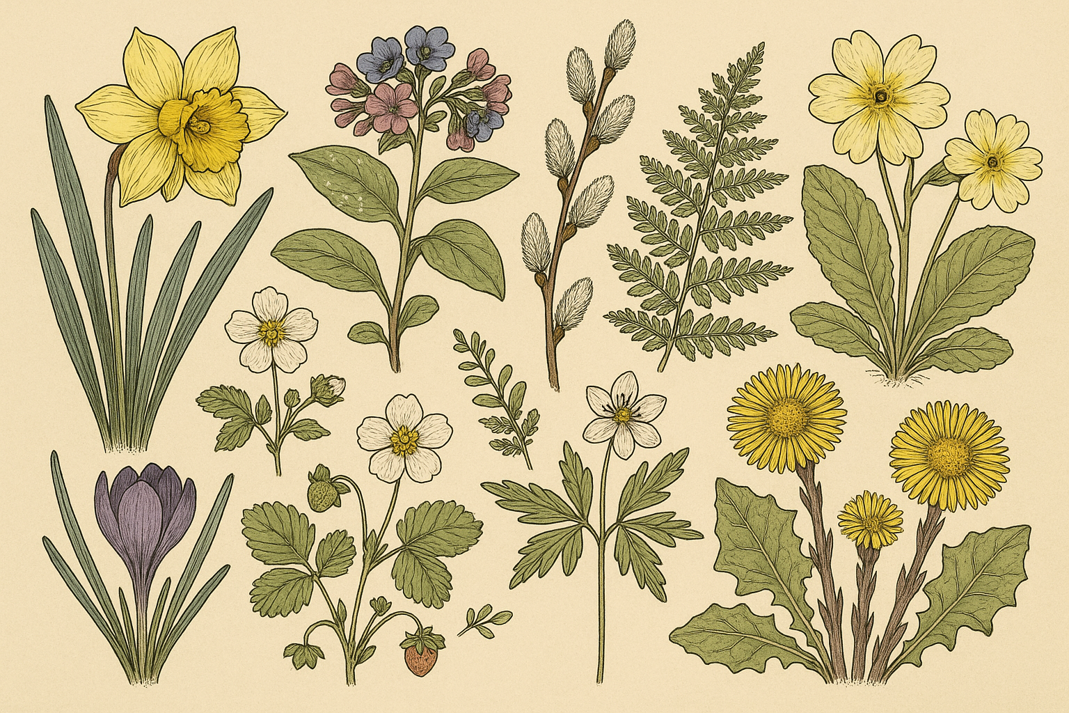 Hand-drawn botanical illustrations of March flowers