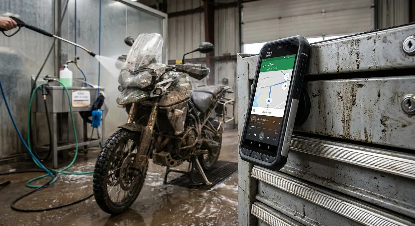 Magnetic phone mount setup for motorcycle washing