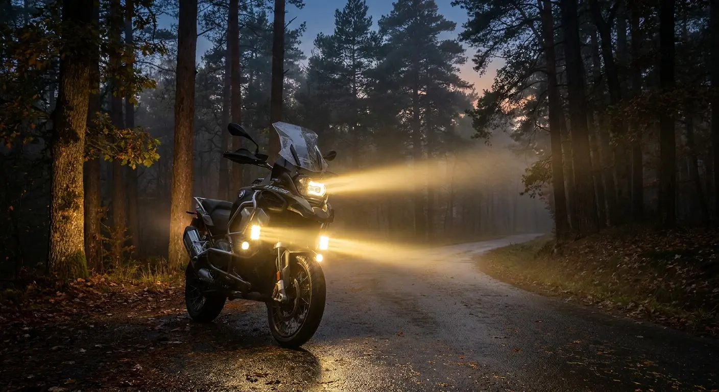 LED auxiliary lights mounted on motorcycle crash bars
