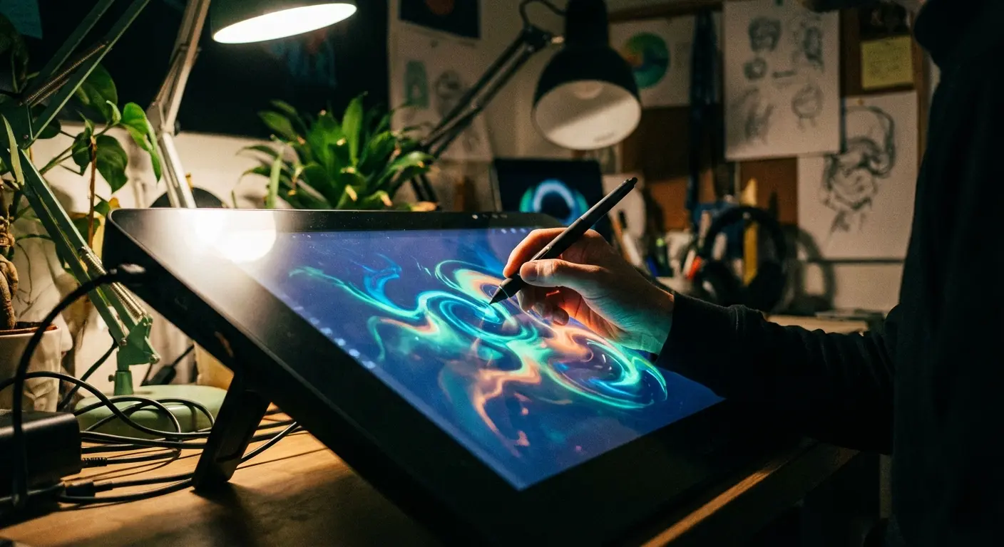 Digital painting workspace with tablet and stylus