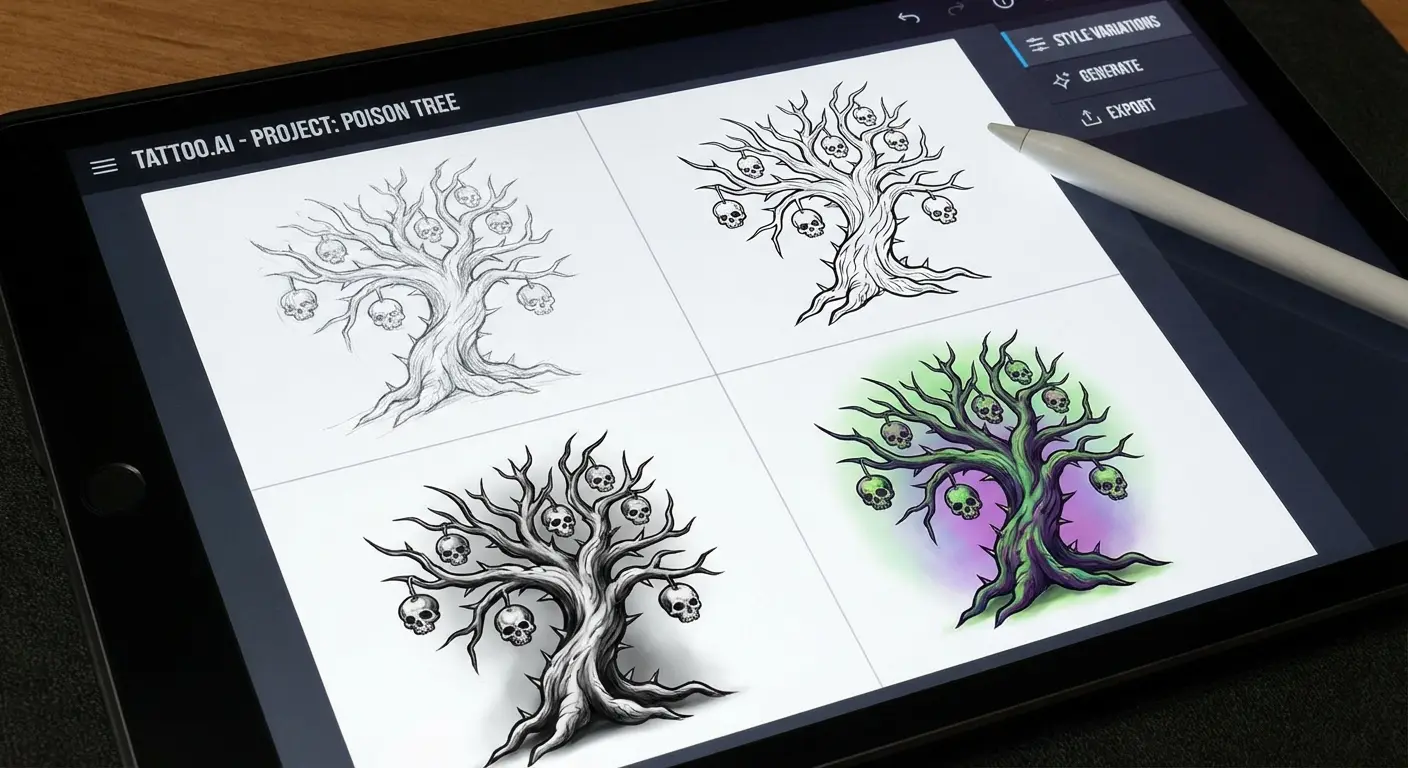 AI tattoo generator interface showing tree design variations